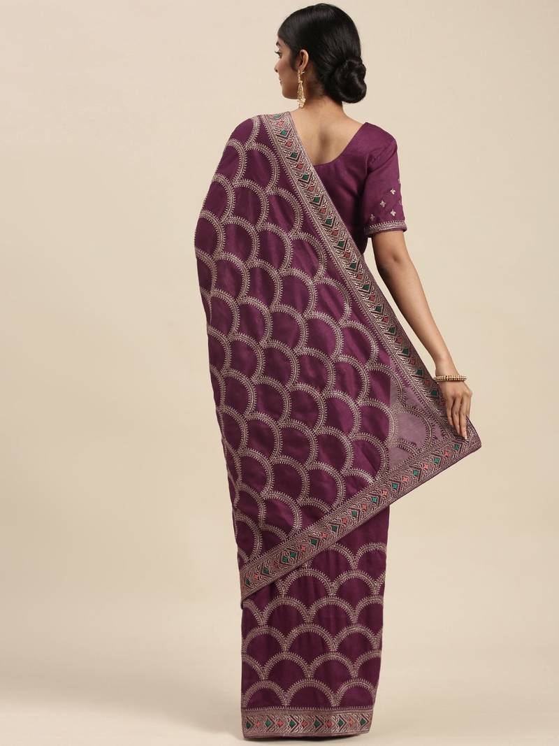 purple purple embroidered silk blend saree