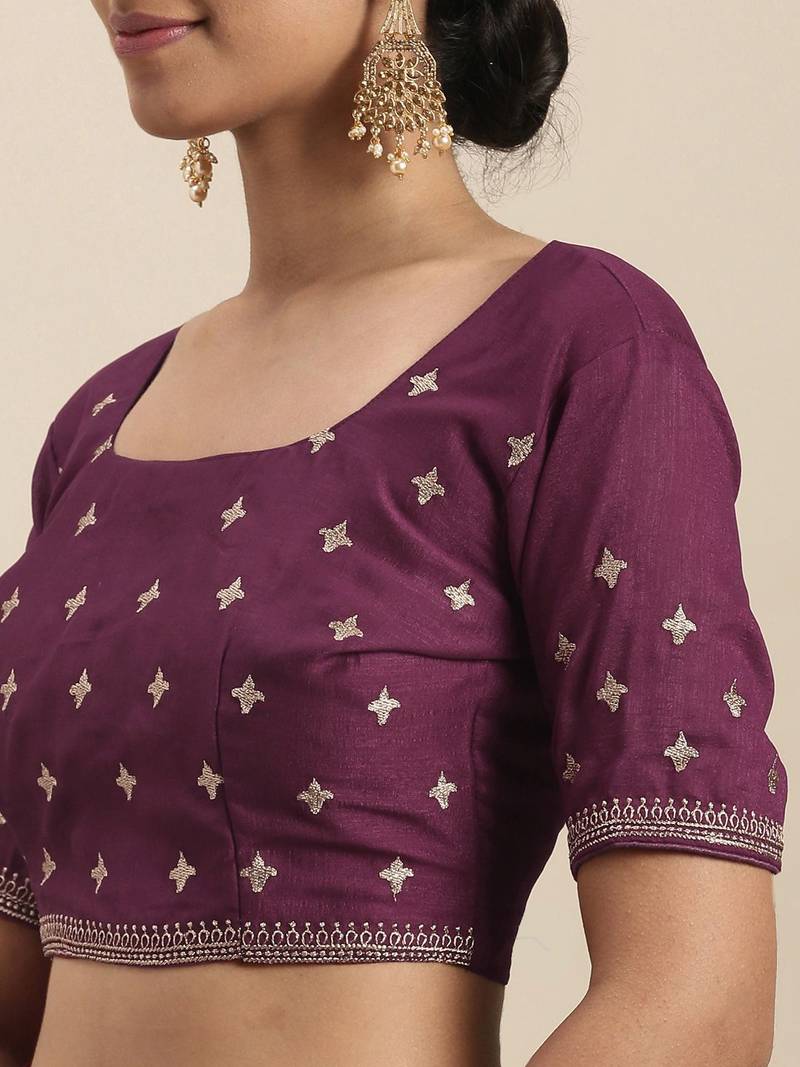 purple purple embroidered silk blend saree