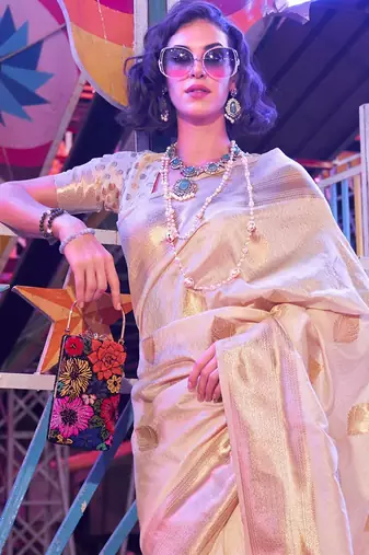White green floral printed pure chiffon muga saree