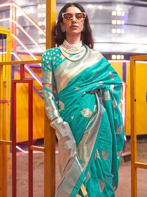 Blue brown floral zari pure chiffon designer muga saree 1