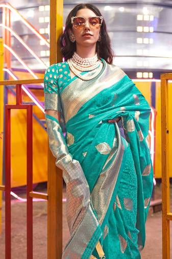 Blue brown floral zari pure chiffon designer muga saree