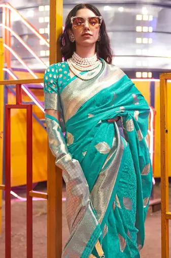 Blue brown floral zari pure chiffon designer muga saree