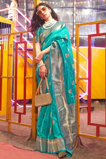 Blue brown floral zari pure chiffon designer muga saree