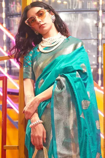 Blue brown floral zari pure chiffon designer muga saree