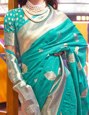 Blue brown floral zari pure chiffon designer muga saree 4