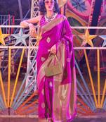 Grey brown floral zari pure chiffon muga saree with blouse piece