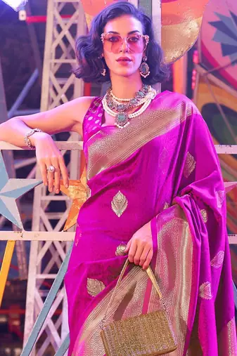Grey brown floral zari pure chiffon muga saree with blouse piece