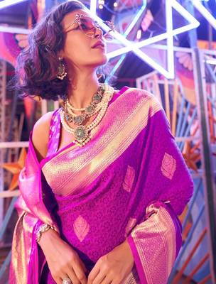 Grey brown floral zari pure chiffon muga saree with blouse piece 3