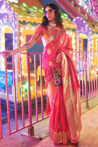 Peach brown floral zari pure chiffon designer muga saree with blouse piece