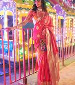 Peach brown floral zari pure chiffon designer muga saree with blouse piece