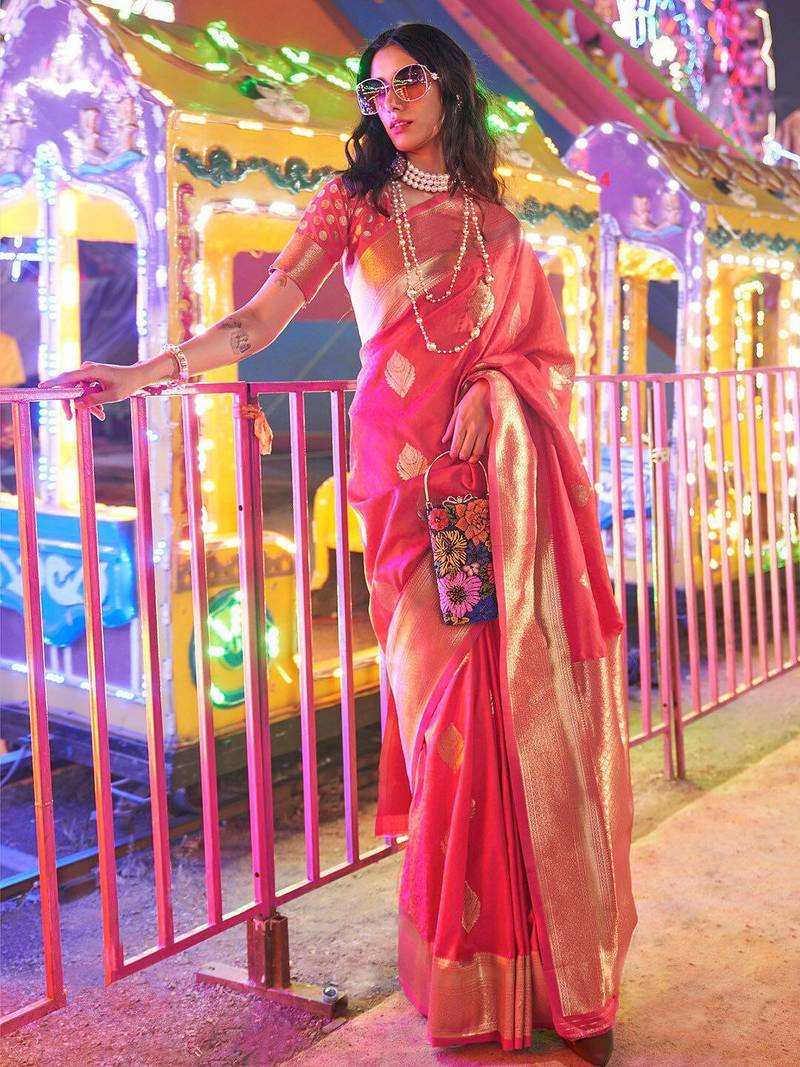 Peach brown floral zari pure chiffon designer muga saree with blouse piece