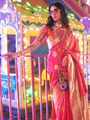 Peach brown floral zari pure chiffon designer muga saree with blouse piece 3