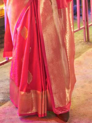 Peach brown floral zari pure chiffon designer muga saree with blouse piece 4