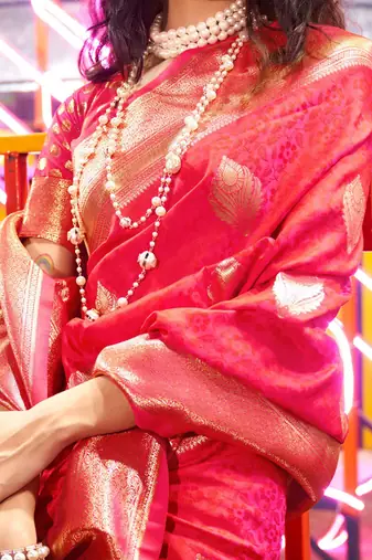 Peach brown floral zari pure chiffon designer muga saree with blouse piece