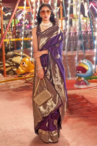 purple woven design zari banarasi saree