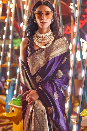 purple woven design zari banarasi saree