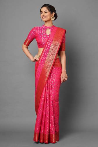 Pink black ready to wear floral satin block print saree