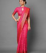 Pink black ready to wear floral satin block print saree