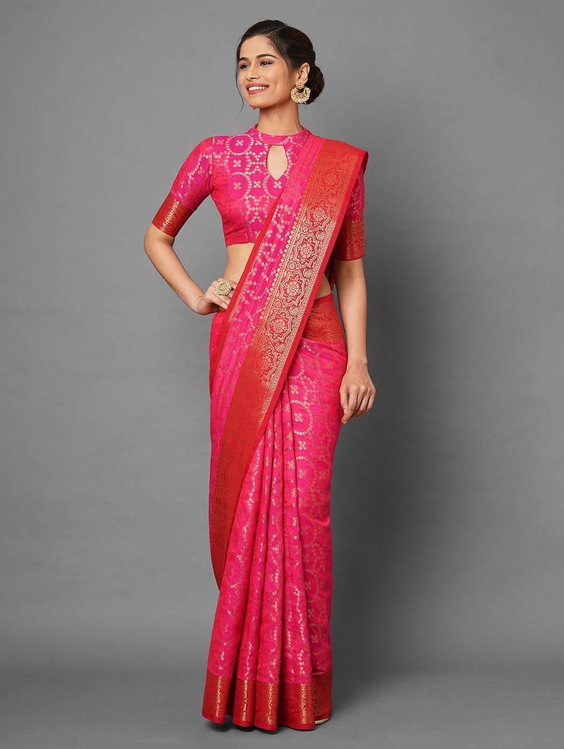 Pink black ready to wear floral satin block print saree