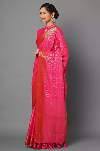 Pink black ready to wear floral satin block print saree