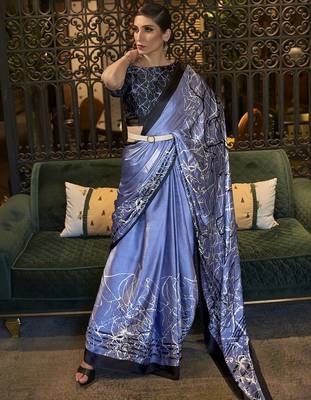 Black off white ready to wear floral satin block print saree 1