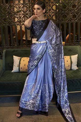 Black off white ready to wear floral satin block print saree