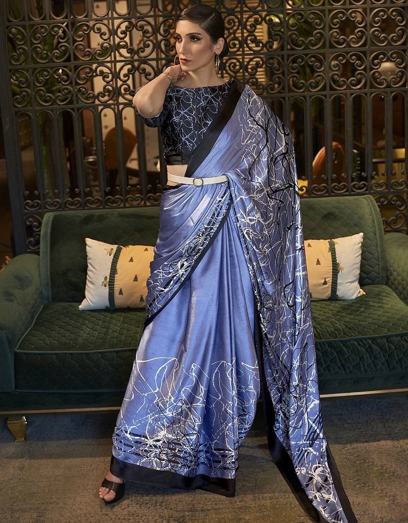 Black off white ready to wear floral satin block print saree