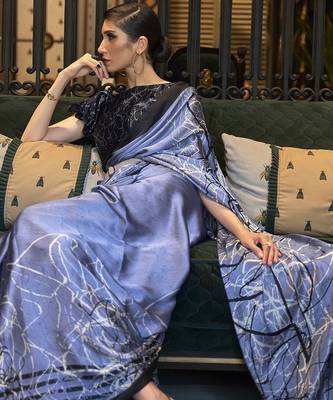 Black off white ready to wear floral satin block print saree 2