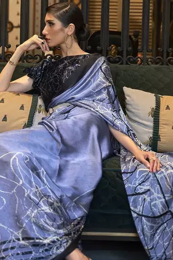 Black off white ready to wear floral satin block print saree
