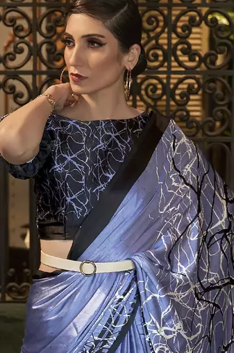 Black off white ready to wear floral satin block print saree