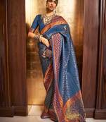 Purple multicolor ready to wear floral satin block print saree