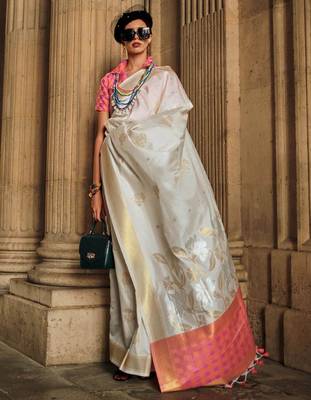 off_white off white pink floral woven design zari silk banarasi saree 1