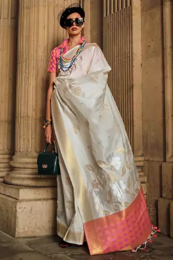 off_white off white pink floral woven design zari silk banarasi saree