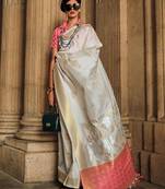 off_white off white pink floral woven design zari silk banarasi saree