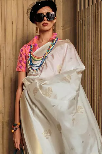off_white off white pink floral woven design zari silk banarasi saree