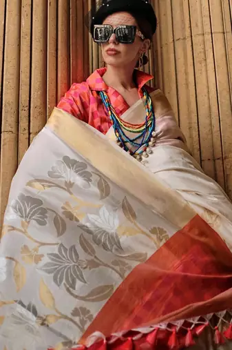 off_white off white pink floral woven design zari silk banarasi saree