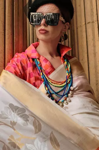 off_white off white pink floral woven design zari silk banarasi saree