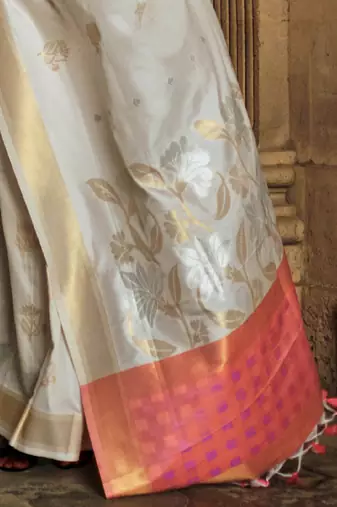 off_white off white pink floral woven design zari silk banarasi saree
