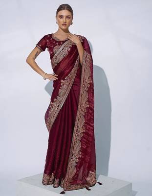 maroon ethnic motifs embroidered organza saree 1