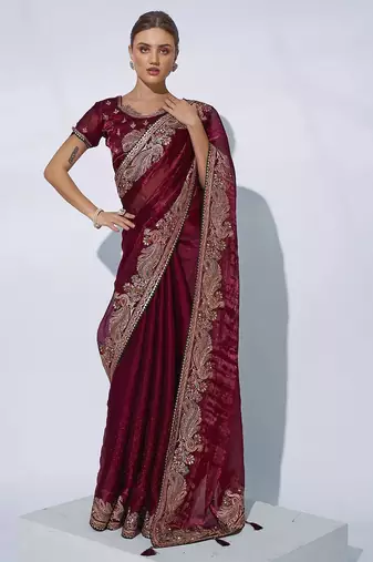 maroon ethnic motifs embroidered organza saree