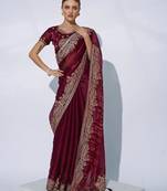 maroon ethnic motifs embroidered organza saree