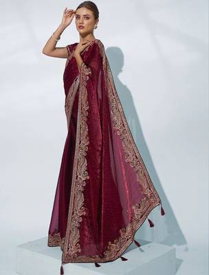 maroon ethnic motifs embroidered organza saree 2