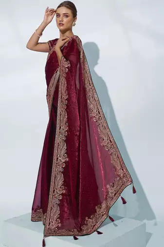 maroon ethnic motifs embroidered organza saree