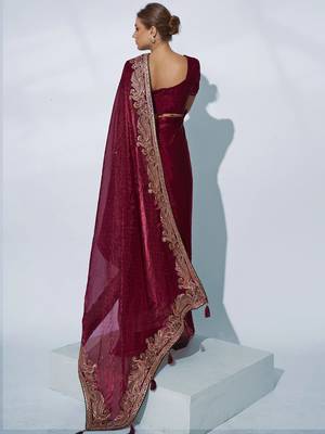 maroon ethnic motifs embroidered organza saree 3