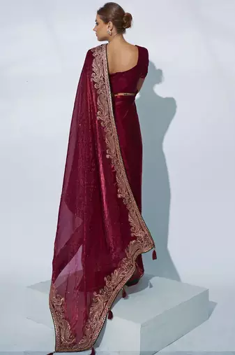 maroon ethnic motifs embroidered organza saree