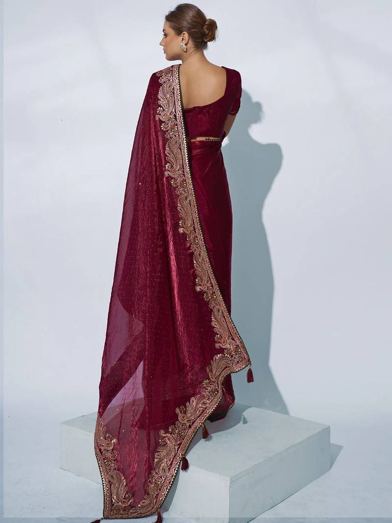 maroon ethnic motifs embroidered organza saree