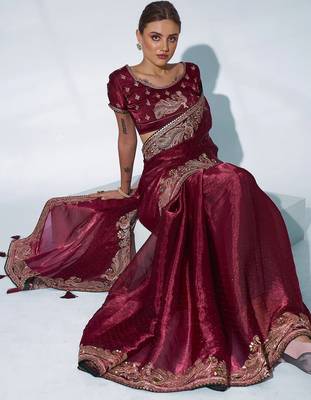 maroon ethnic motifs embroidered organza saree 4