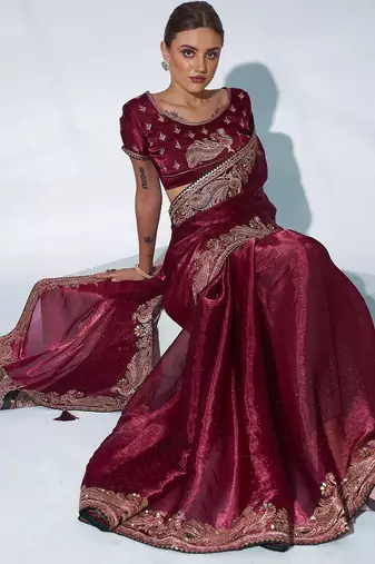 maroon ethnic motifs embroidered organza saree