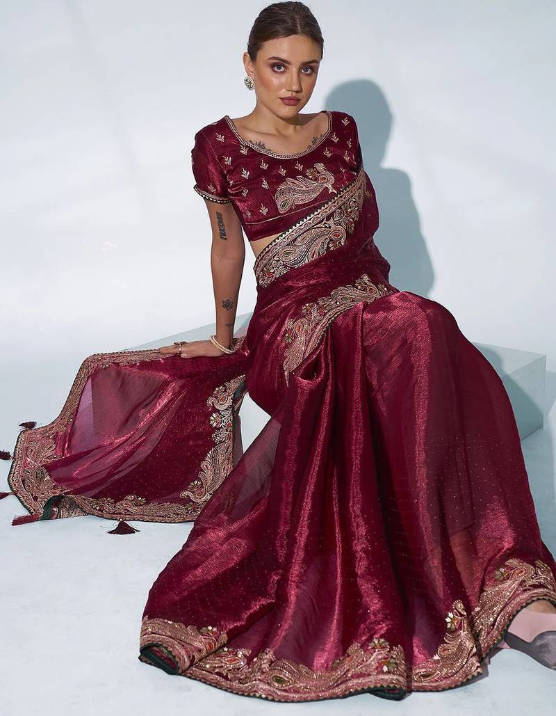 maroon ethnic motifs embroidered organza saree