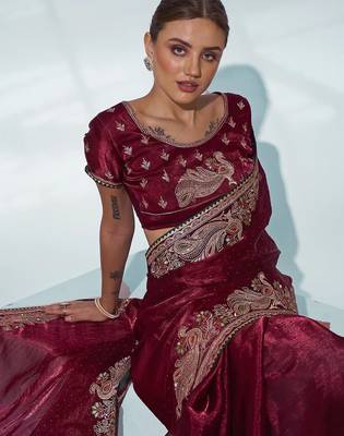 maroon ethnic motifs embroidered organza saree 5